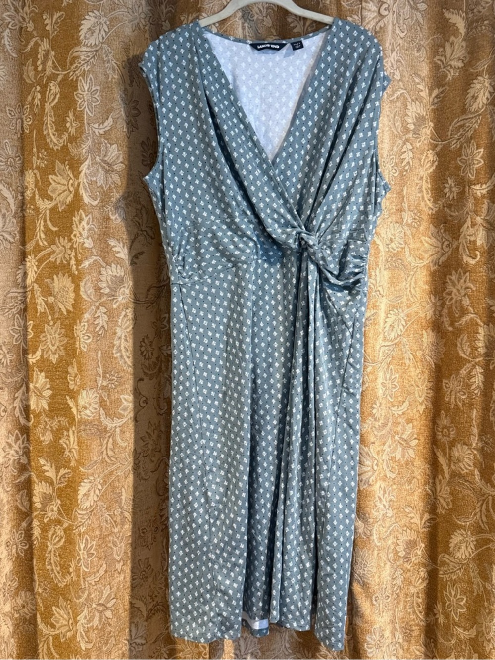 Lands End Sleevele Twist Front Midi Dress Green & white flowers XLT 18 (Tall)